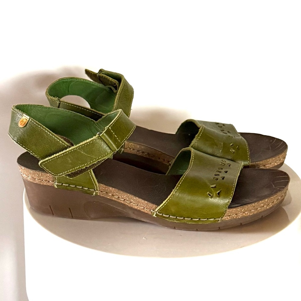 Jungla Brand Mossy Green Leather Strappy Wedge Sandals
